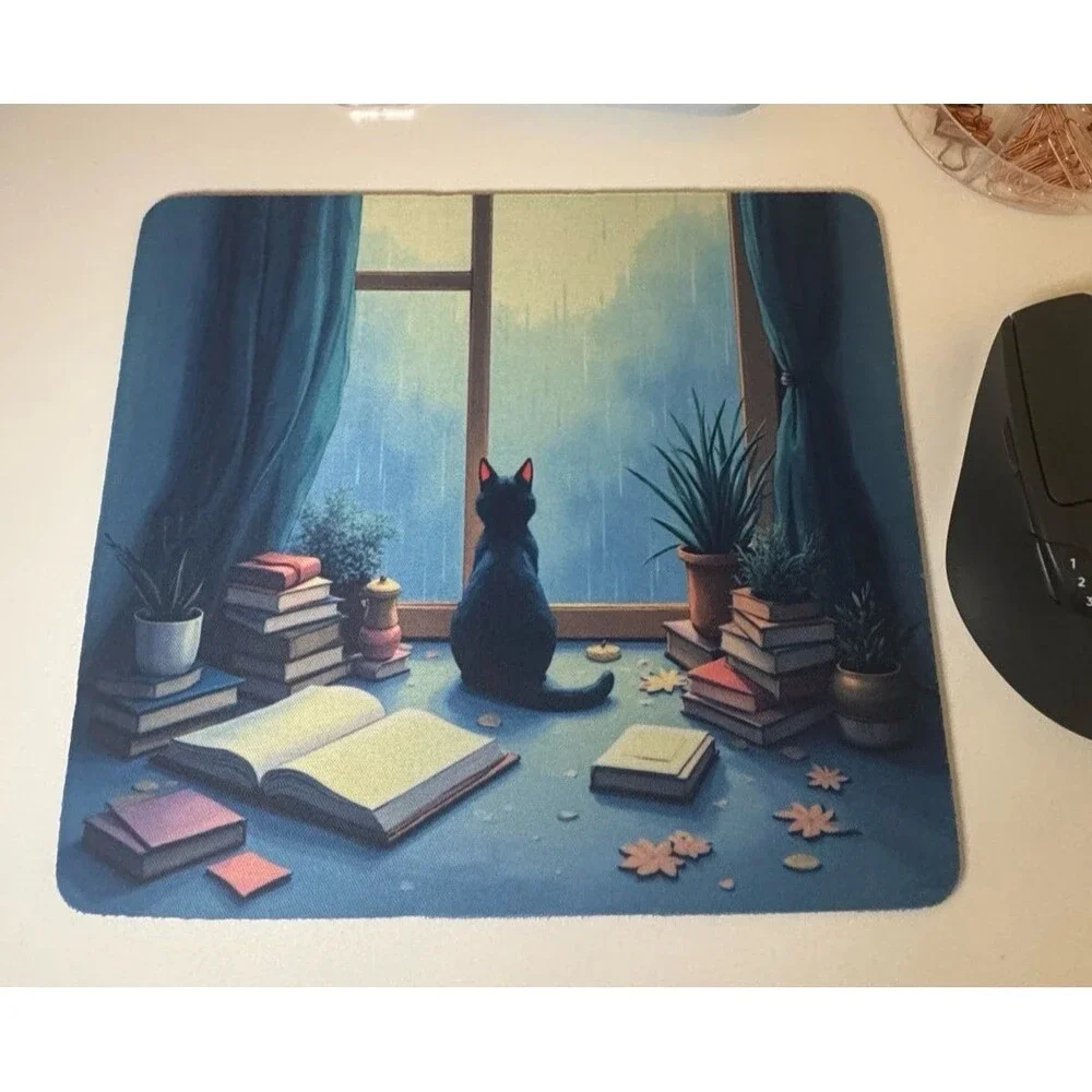 Cozy Cat Mouse Pad, Aesthetic with Rainy Window Scene